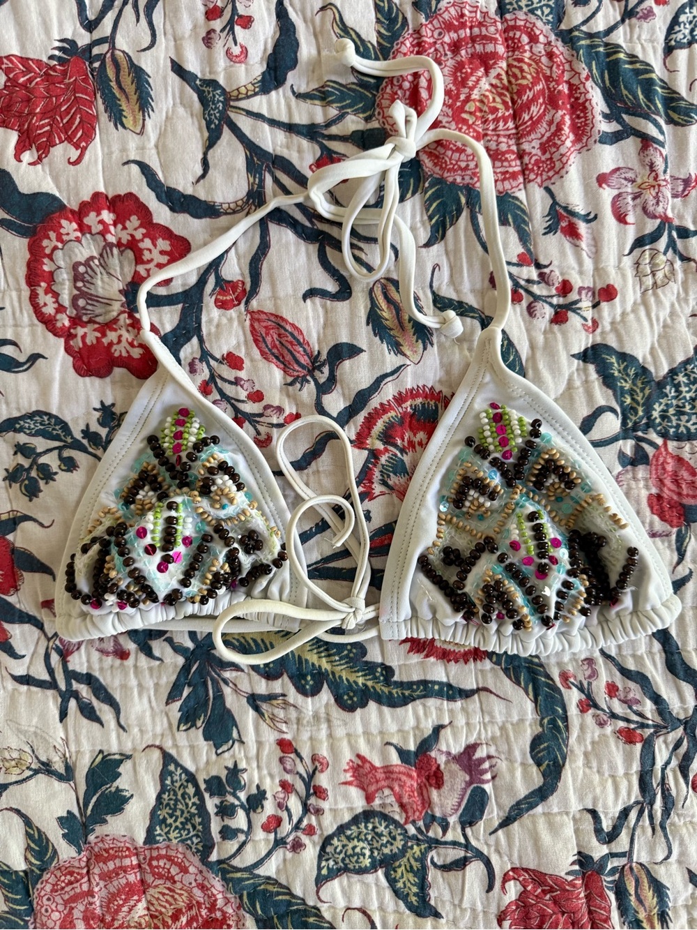 White bikini top with beaded and sequins detail